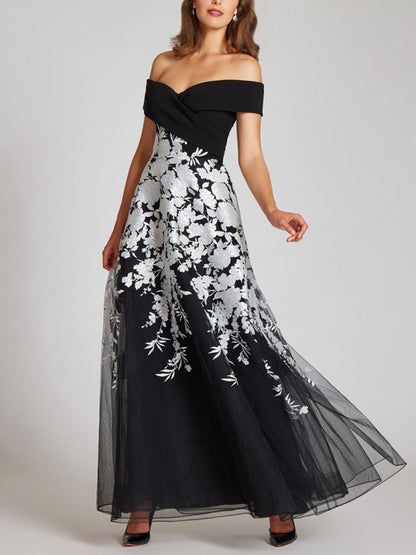 Crepe Off The Shoulder Floral Embroidered Gown