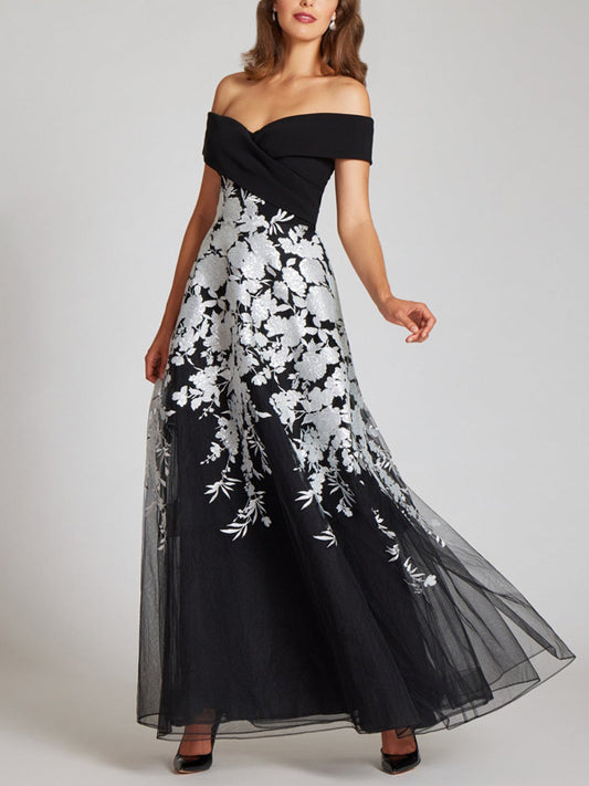Crepe Off The Shoulder Floral Embroidered Gown