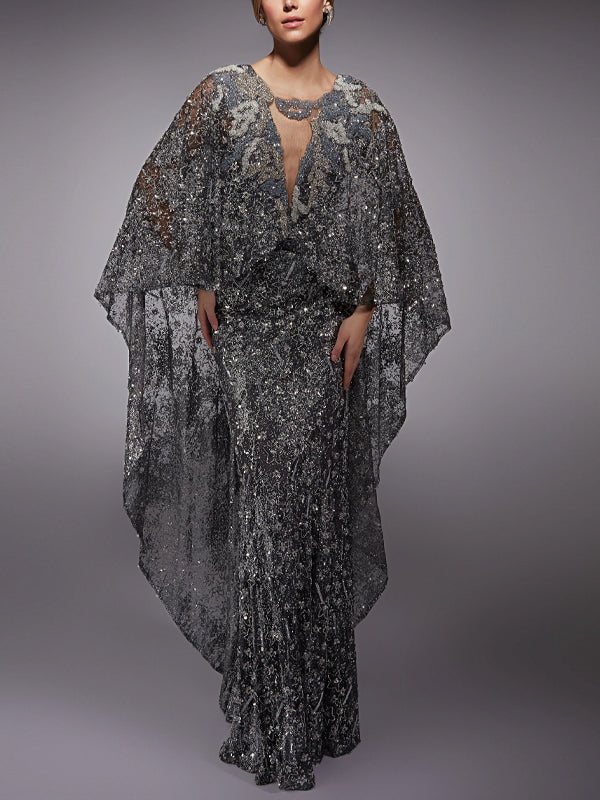 Solid Color Mesh Sequin Lace Maxi Dress