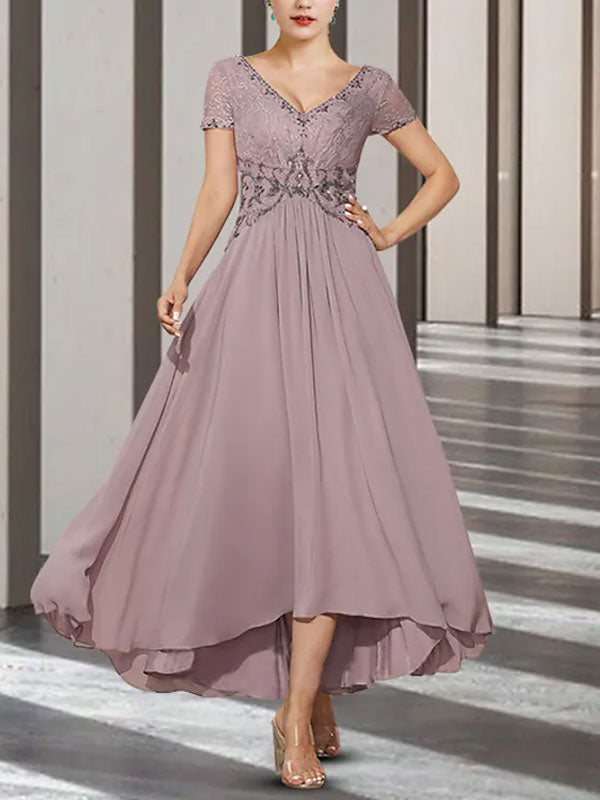 Lace Short Sleeve V Neck Style Wedding Mother-of-the-Bride Dress