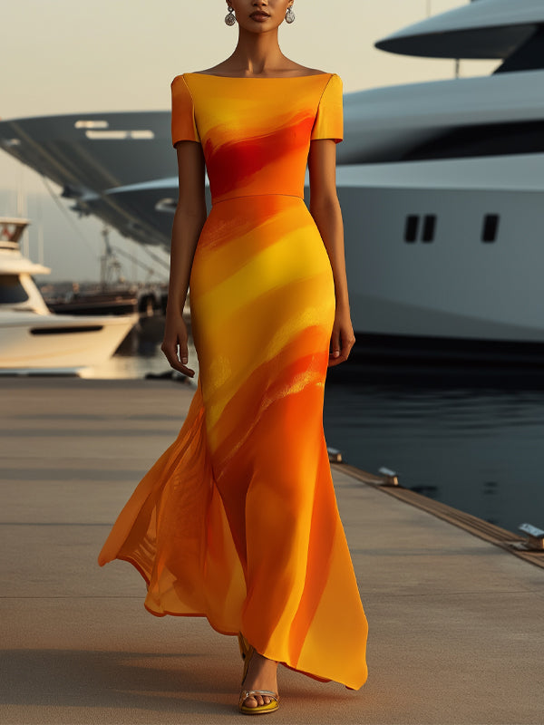 Yellow Crew Neck Short Sleeves Maxi Dress