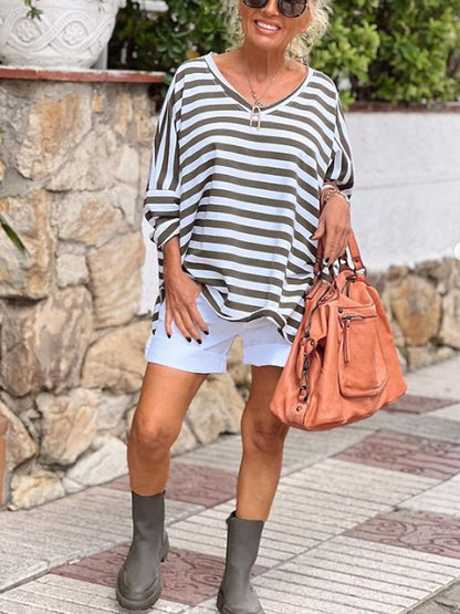 Striped Cotton Loose Pullover Everyday Ladies Tops