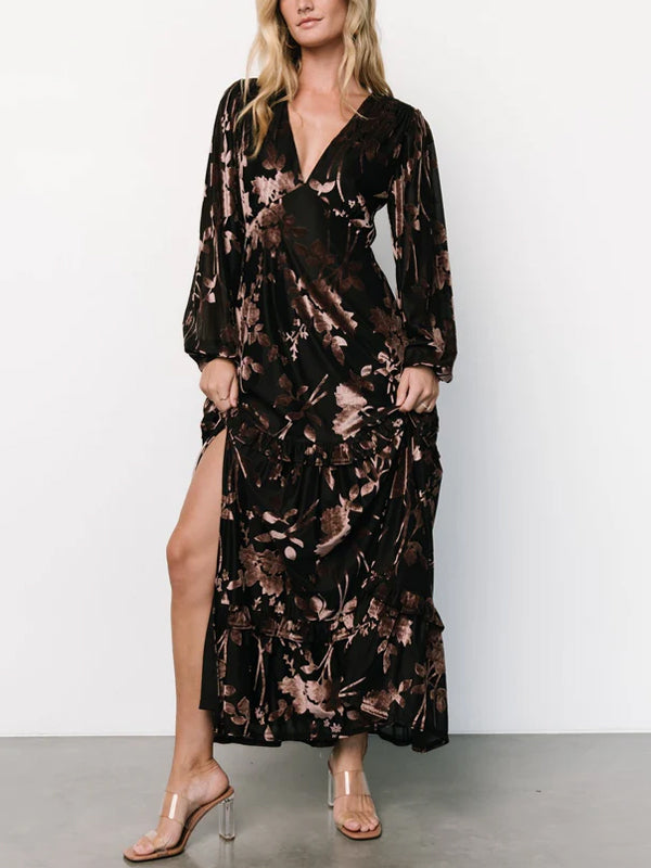 V-neck Corduroy Print Maxi Dress