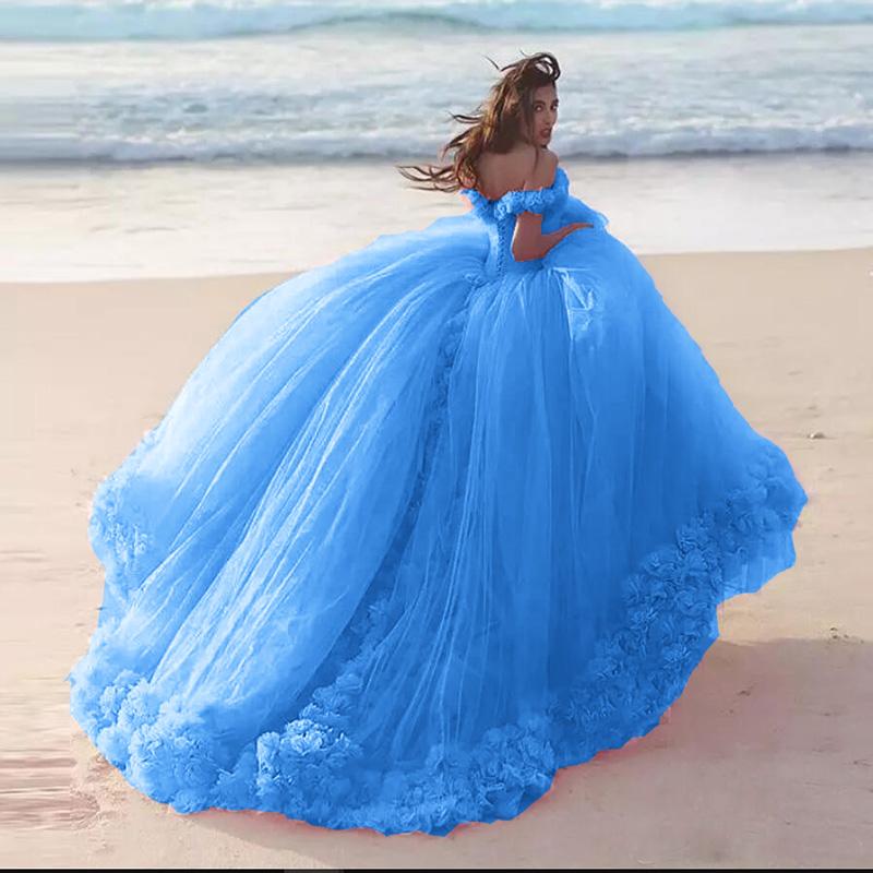 Romantic Poofy Pink Floral Wedding Dresses Off the Shoulder Ball Gown Quinceanera Dress SA933