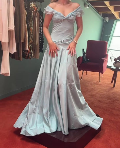 Blue Elegant Simple Off Shoulder Long Satin Prom Dress Evening Dress Party Dress Birthday Dress Graduation Dress gh3018