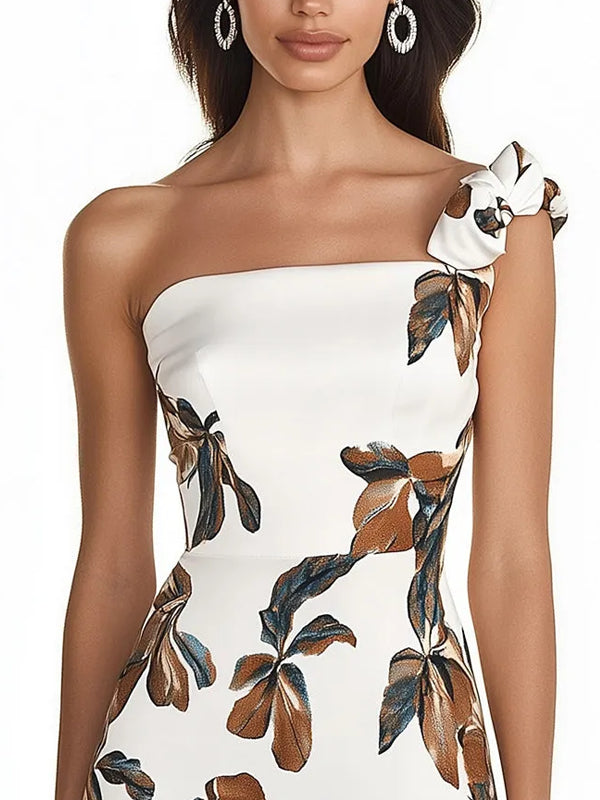 Chic White Satin Dress with Floral Print and Unique Shoulder Strap