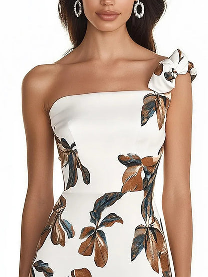 Chic White Satin Dress with Floral Print and Unique Shoulder Strap