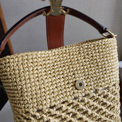 CELINE SMALL LOUISE BUCKET IN RAFFIA AND CALFSKIN