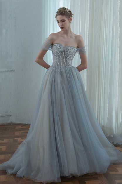 Off the Shoulder Tulle Long Prom Dress, Gray A-Line Evening Dress with Beaded