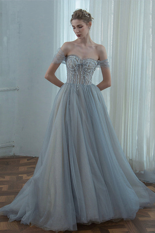 Off the Shoulder Tulle Long Prom Dress, Gray A-Line Evening Dress with Beaded