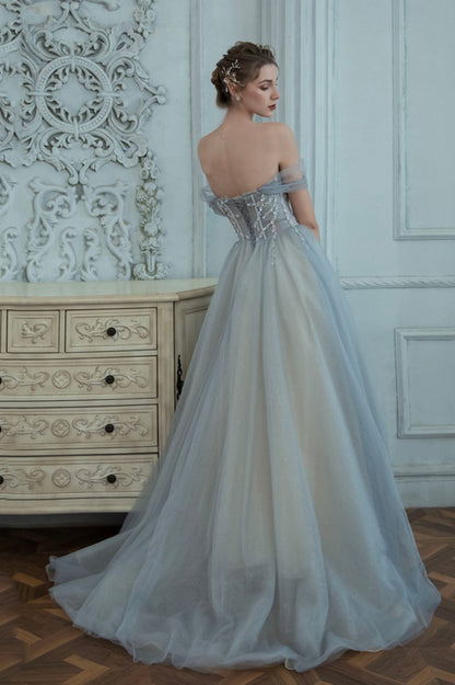 Off the Shoulder Tulle Long Prom Dress, Gray A-Line Evening Dress with Beaded