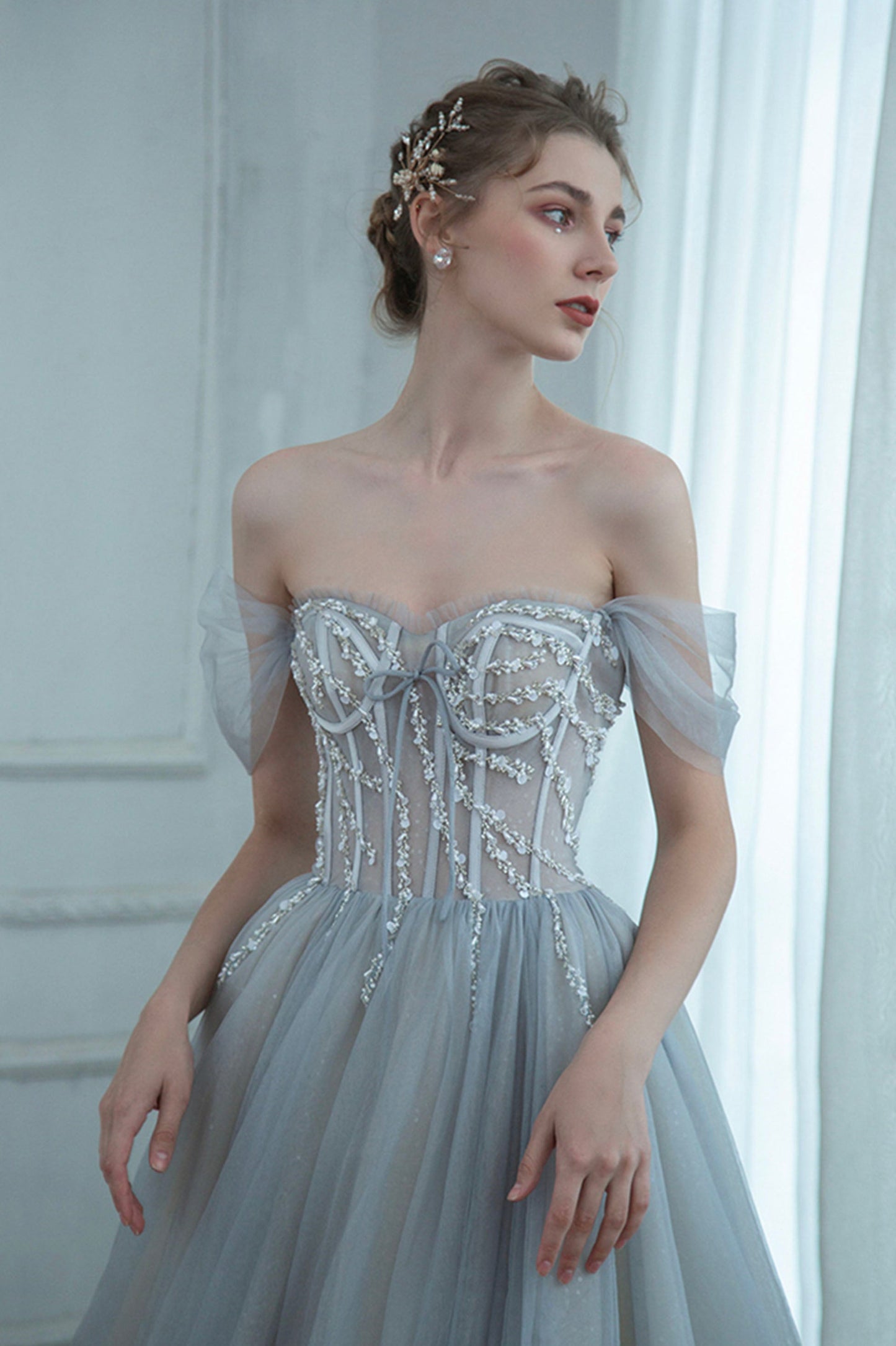 Off the Shoulder Tulle Long Prom Dress, Gray A-Line Evening Dress with Beaded