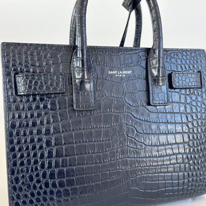 Saint Laurent navy croc embossed shiny leather Nano Sac De Jour bag