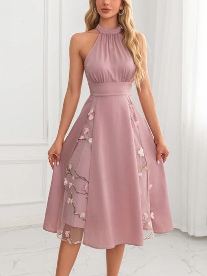 Halter A-line Jacquard Satin Midi Dress