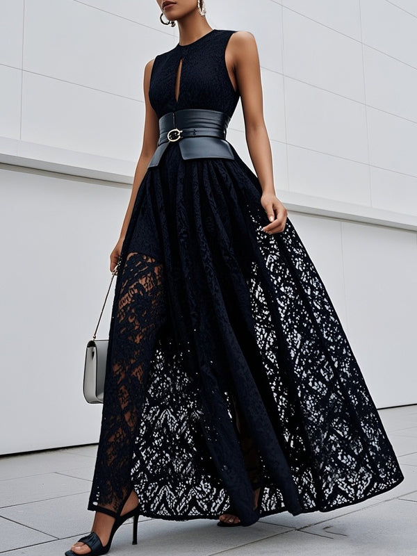 Lace Hollow Out Crew Neck Sleeveless A-Line Maxi Dress