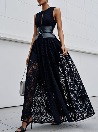 Lace Hollow Out Crew Neck Sleeveless A-Line Maxi Dress