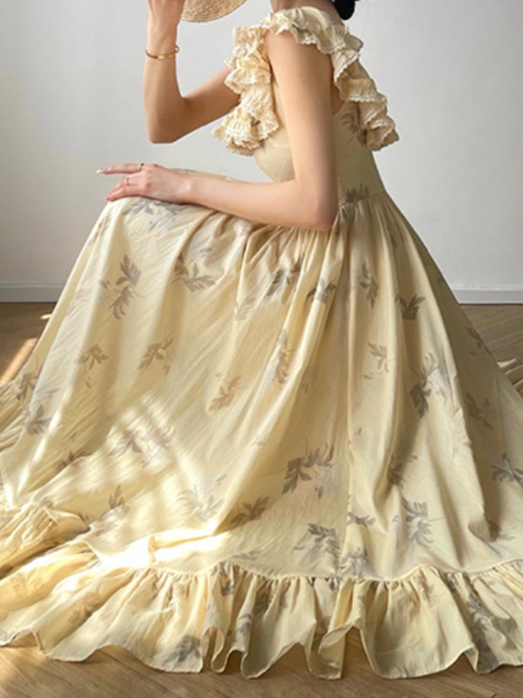 loveedsTM - France Vintage Elegant Print Dress Women Lace Retro Sexy Evening Party Long Dress Sleeveless Casual Summer Beach Boho Dress