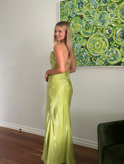 Simple Sheath Spaghetti Strap Green Satin Long Prom Dress Graduation Prom Dress SH2591