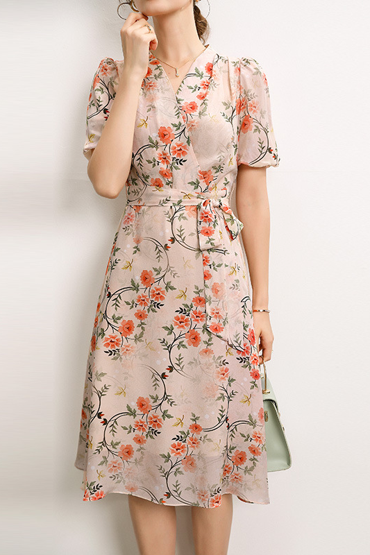 loveedsTM-French v-neck lace-up waist-cinching fairy print A-line dress