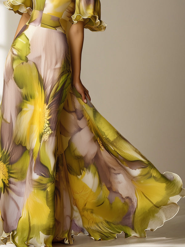 Elegant Floral Printing Sweetheart Neckline Maxi Dress