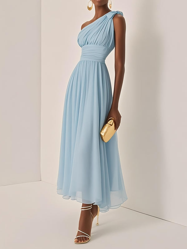 Ruched Chiffon One Shoulder Sleeveless A-Line Maxi Dress