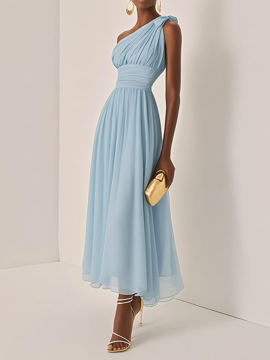 Ruched Chiffon One Shoulder Sleeveless A-Line Maxi Dress