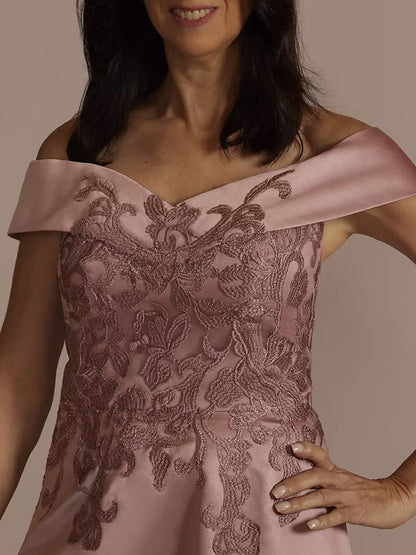 Off-the-shoulder Embroidered Satin A-line Dress
