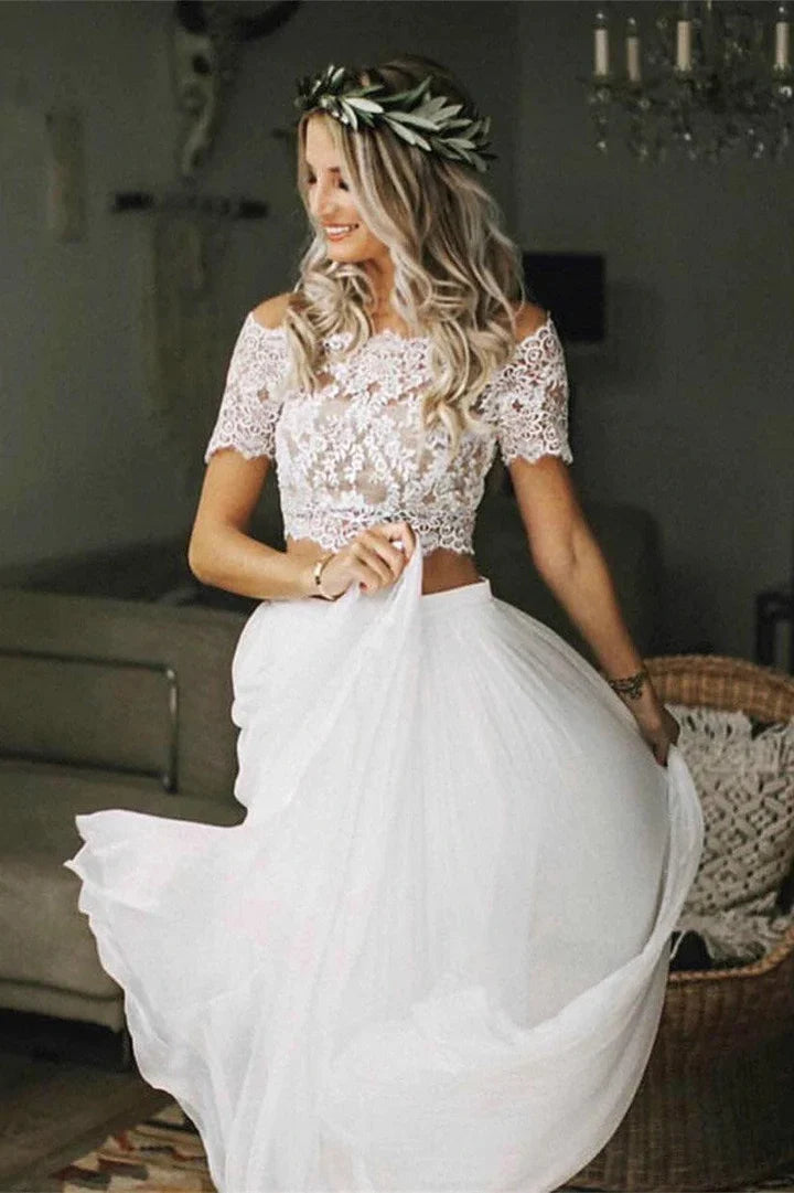 Boho Chic Lace Crop Chiffon Prom Dresses Two Piece Boho Wedding Dresses   cg9947