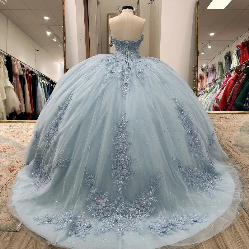 Sparkly Light Blue Quinceanera Dress Cape Flower Lace Vestidos de 15 Anos Birthday Party Princess Ball Gown   fg7914