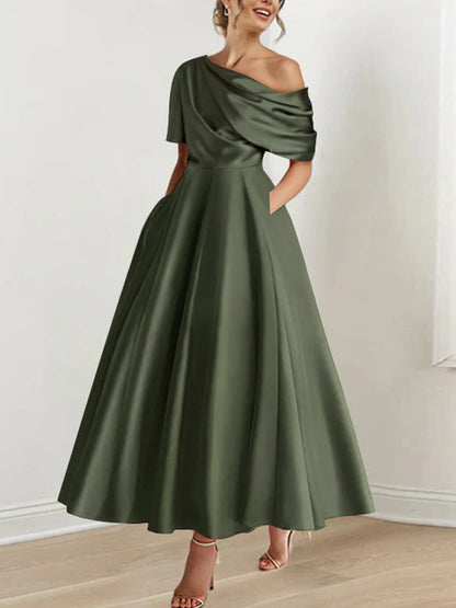 A-Line/Princess One-shoulder Half Sleeve Ankle-Length Mother of the Bride Dresses with Ruffles