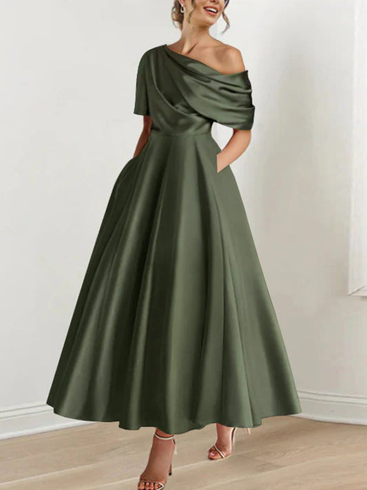 A-Line/Princess One-shoulder Half Sleeve Ankle-Length Mother of the Bride Dresses with Ruffles