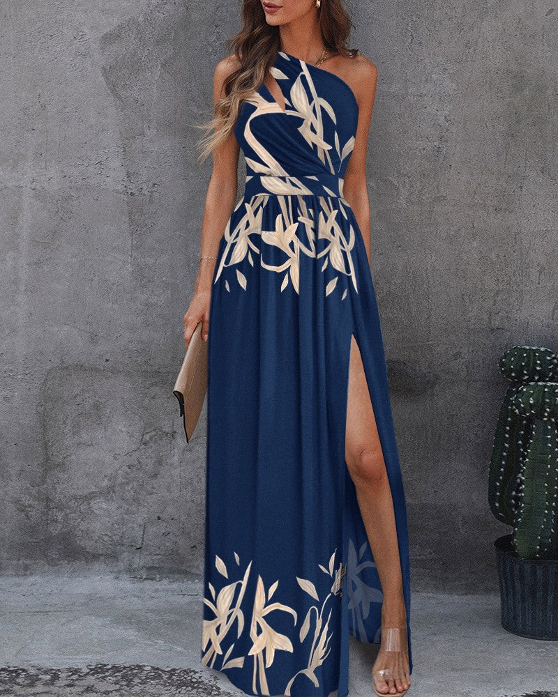 loveedsTM-One-shoulder cutout halterneck high-waisted slit maxi dress