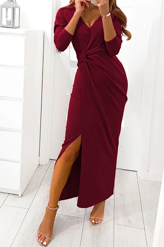 loveedsTM-Elegant Solid Slit Fold V Neck Evening Dress Dresses