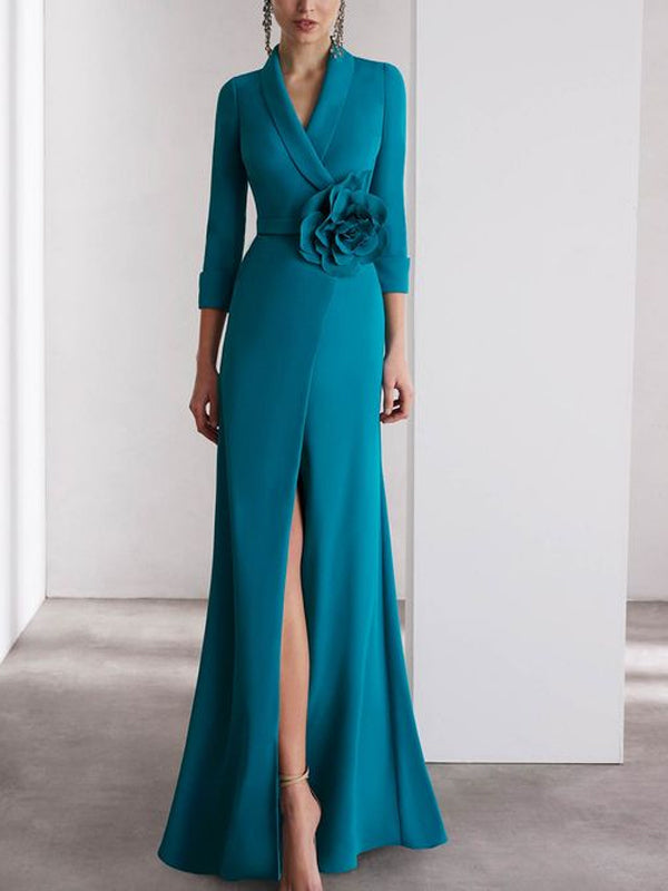 V-neck Solid Color Three-dimensional Flowers Maxi Dress