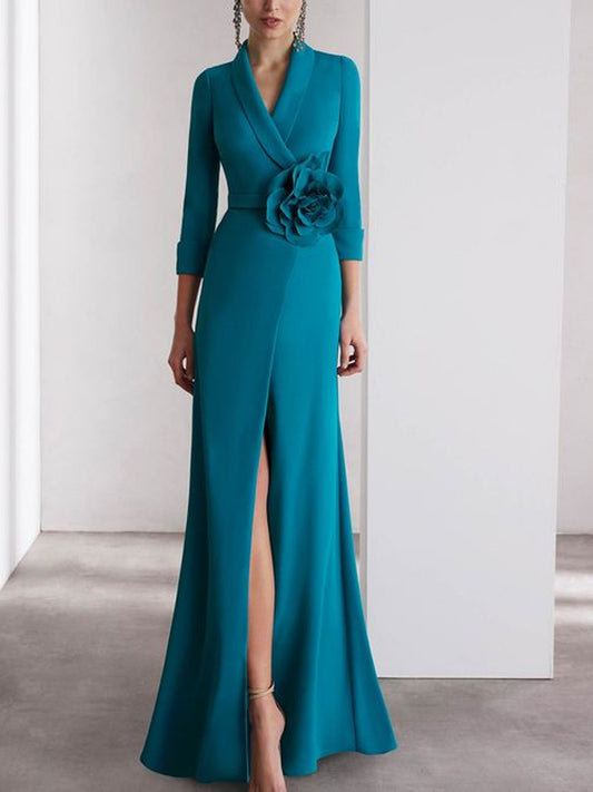 V-neck Solid Color Three-dimensional Flowers Maxi Dress