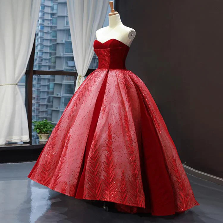 Red A Line Strapless Appliques Sequin Tulle Prom Dresses SH1610