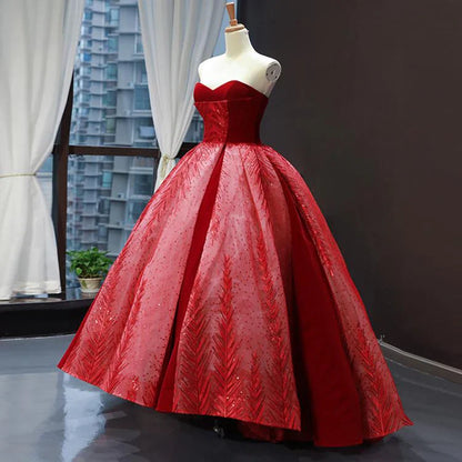 Red A Line Strapless Appliques Sequin Tulle Prom Dresses SH1610