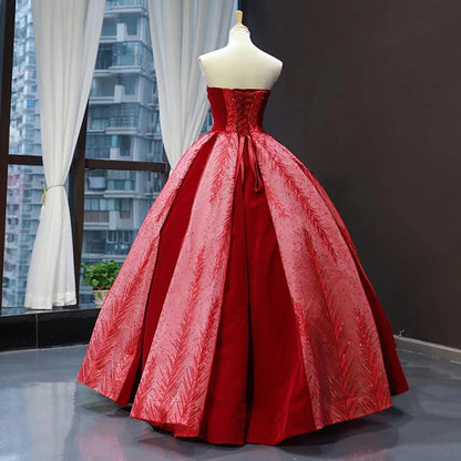 Red A Line Strapless Appliques Sequin Tulle Prom Dresses SH1610