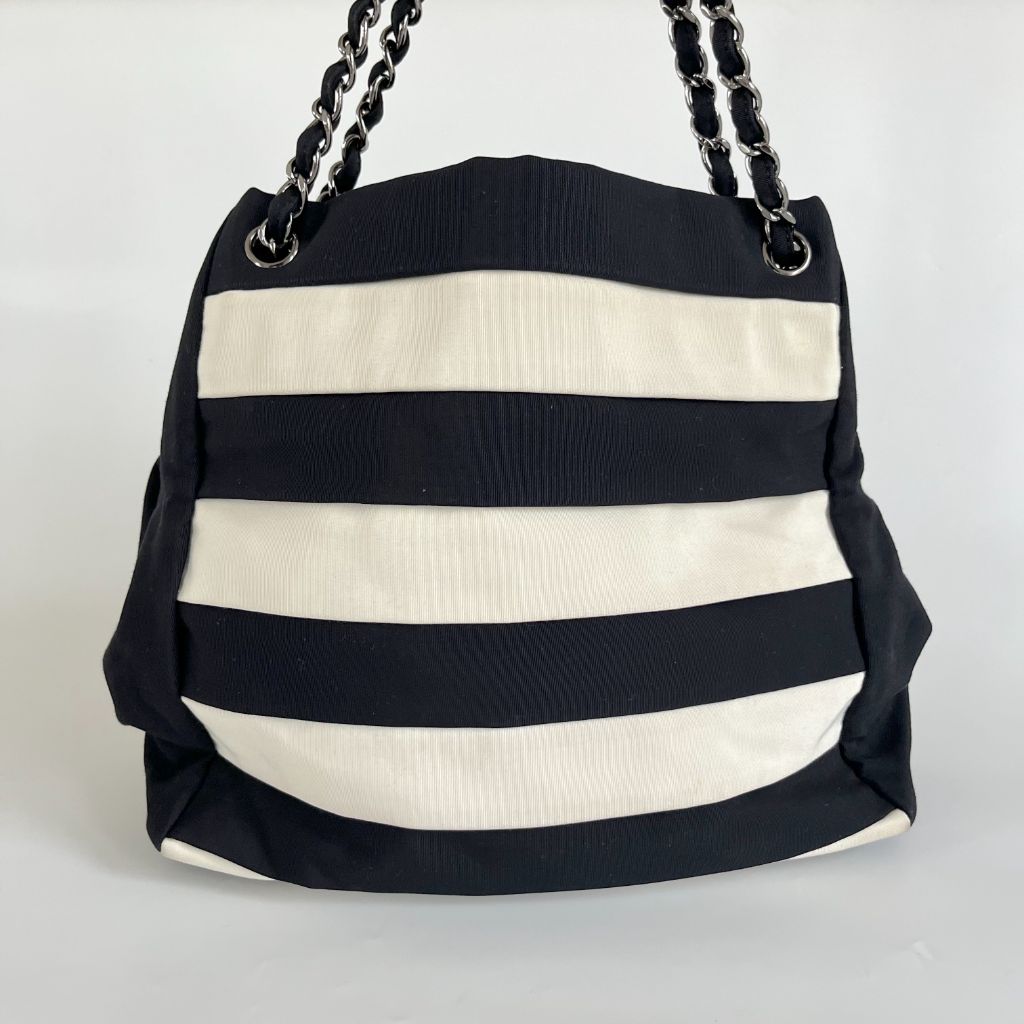 Chanel black and white ridged satin shoulder bag