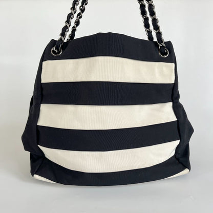 Chanel black and white ridged satin shoulder bag