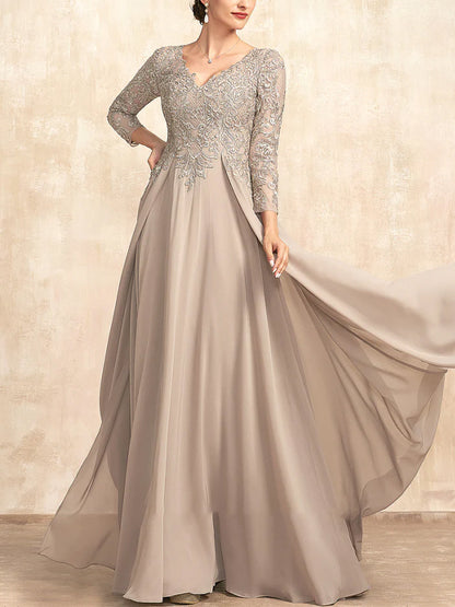 V-Neck Lace Long-Sleeved Solid Color Maxi Dress