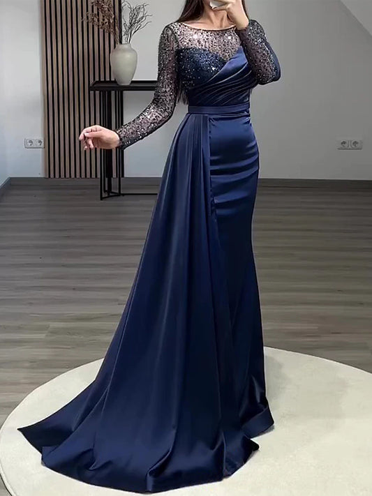 Round Neck Sequined Solid Color Maxi Dress