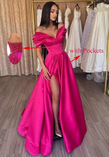 Fuchsia Off The Shoulder Satin Long Party Prom Dress