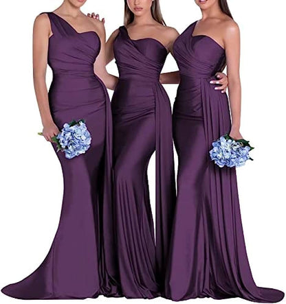 Pink One Shoulder Mermaid Satin Bridesmaid Dresses