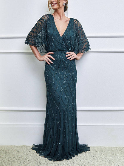 V-Neck Lace Sequins Solid Color Maxi Dress