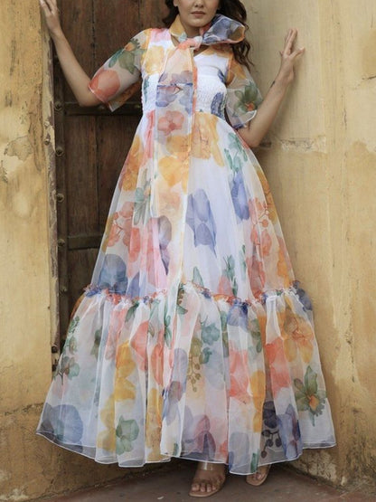 Elegant And Flowing Organza Print Women's Dress