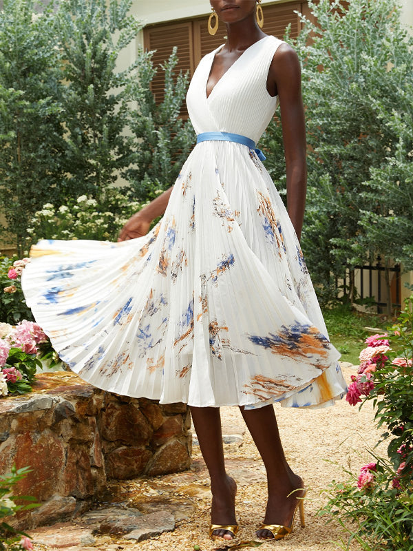 White Pleated Printing Chiffon V Neck Sleeveless A-Line Maxi Dress