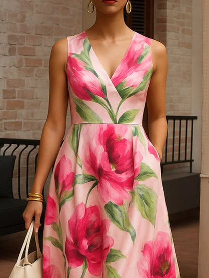 Elegant Floral Printing V Neck Midi Dress