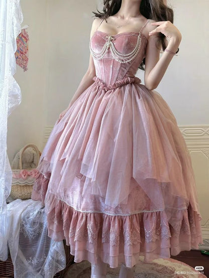 Pink A Line Spaghetti Strap Pearl Tulle Velvet Prom Dress Party Dress Evening Dress SH3605