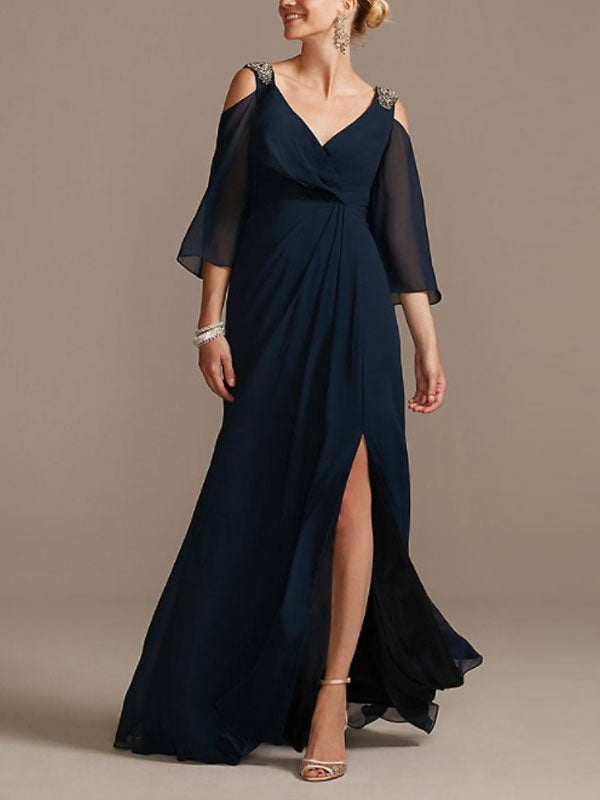 Temperament simple slit elegant bride mother dress
